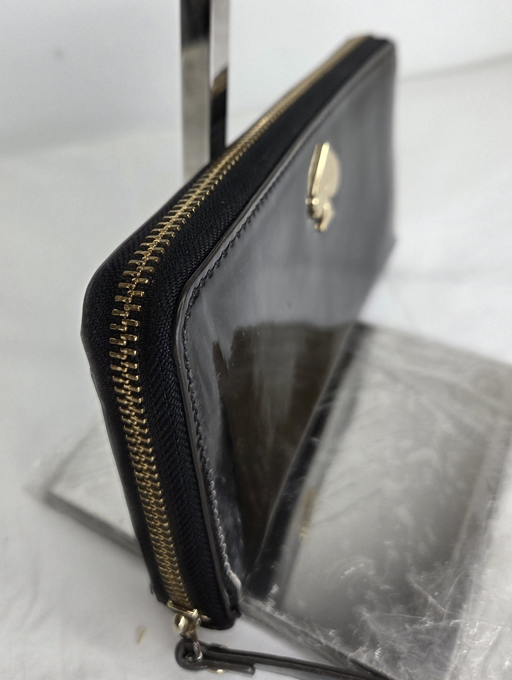 kate spade 8"x4" inch Brown Glitter Patent Zip Wallet with Gold Spade Logo - Picture 3 of 16